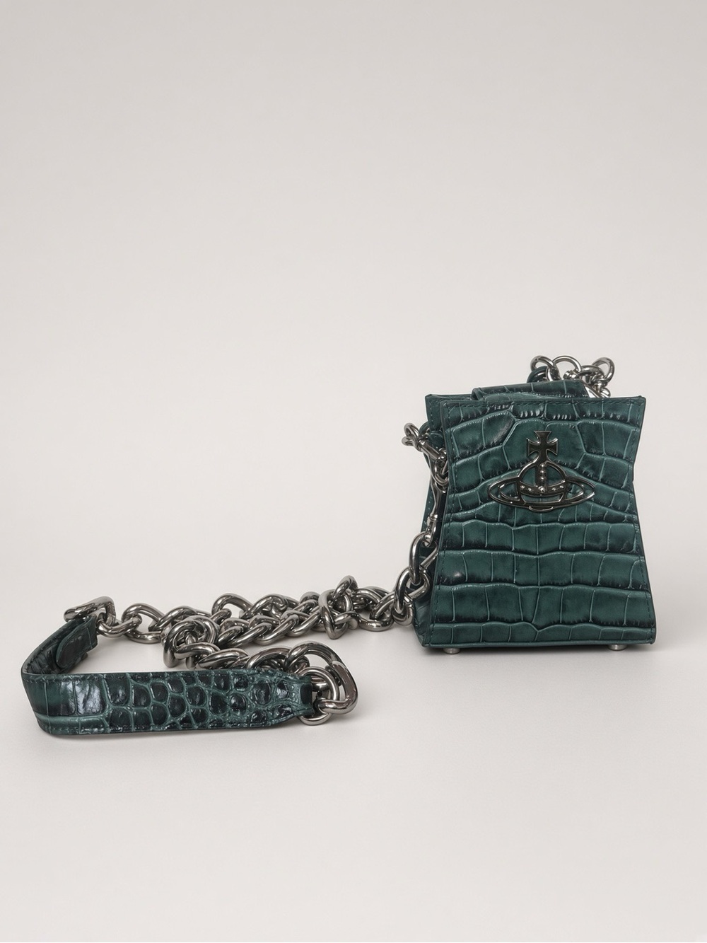 Vivienne Westwood Dark Teal Croc-Embossed Mini Crossbody with Gunmetal Chain